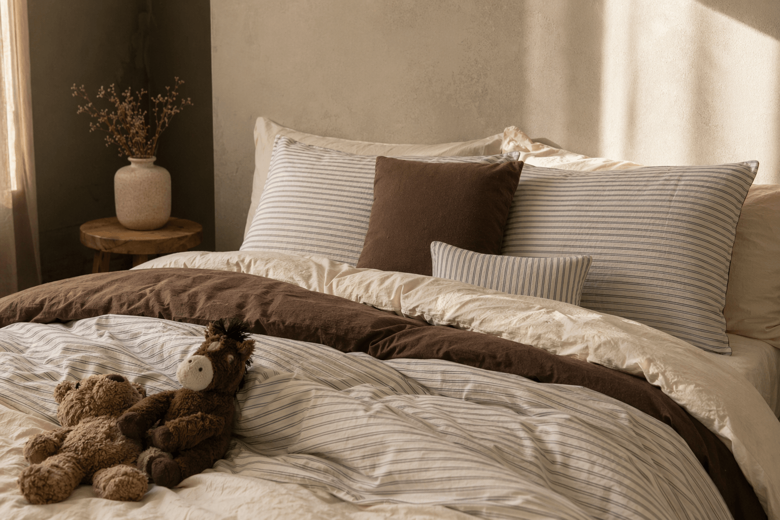 Crafted in high-density cotton with calm tones and double-sided color for restful little rooms.